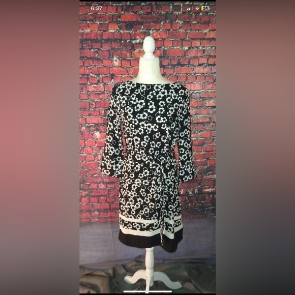 H&M Womens Size 10 Black White Floral Dress Tie Belt 3/4 Sleeve Knee Length - Picture 9 of 10